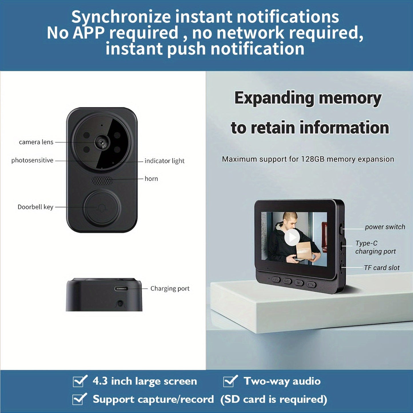 Wireless Video Doorbell – 4.3" Screen, HD Camera, Two-Way Audio & Night Vision