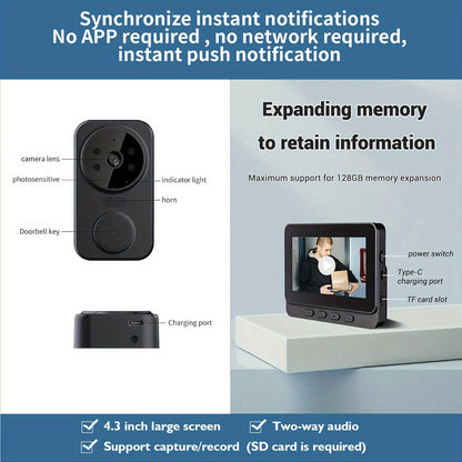 Wireless Video Doorbell – 4.3" Screen, HD Camera, Two-Way Audio & Night Vision