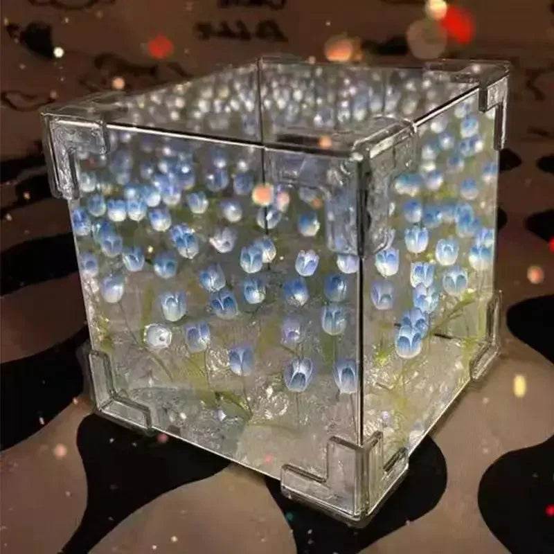 DIY Tulip Mirror Cube Lamp – Handmade Romantic Flower Table Light for Home Decor