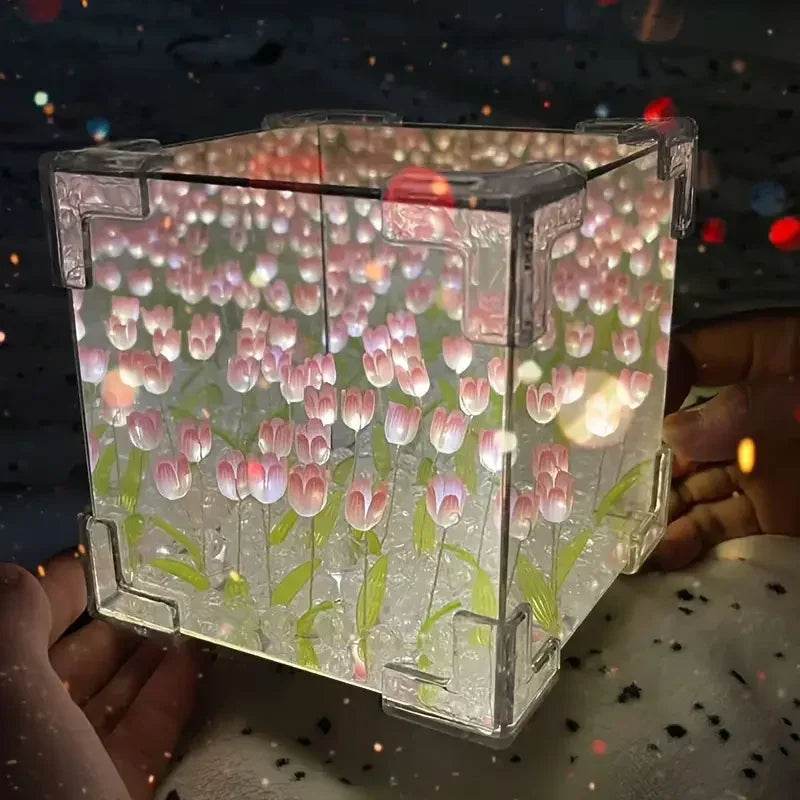 DIY Tulip Mirror Cube Lamp – Handmade Romantic Flower Table Light for Home Decor