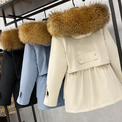 Large Natural Raccoon Fox Fur Hooded Winter Down Coat
