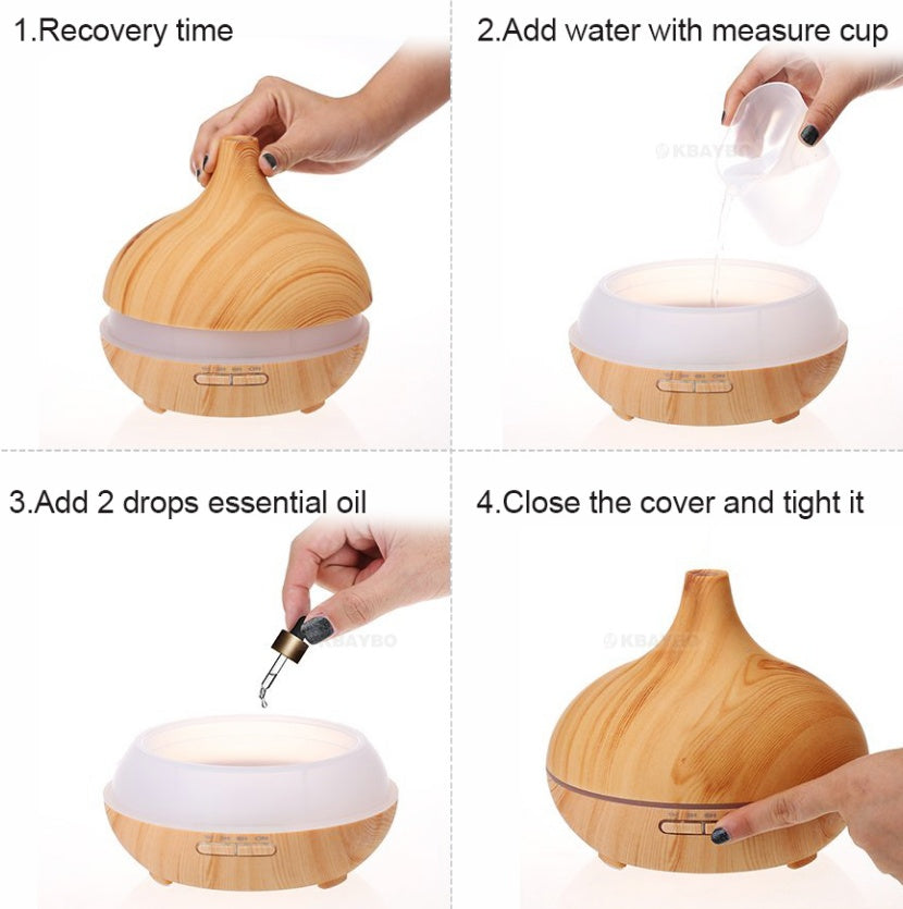 Wood Grain Aromatherapy Humidifier – 550ml Remote Control LED Diffuser