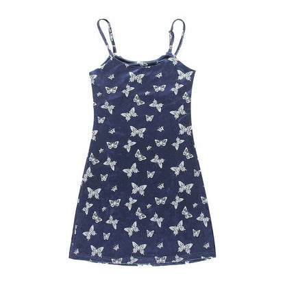 Street Girl Butterfly Print Retro Velvet Slim Suspender Dress Skirt