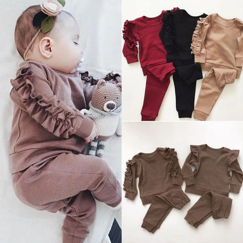 Bébé nouveau-né garçons filles à volants pull uni à manches longues sweat-shirt hauts pantalon nourrisson enfants 2 pièces tenues ensemble de vêtements d'automne
