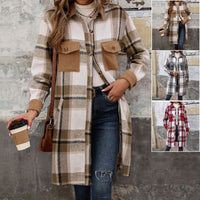 Nuevo Abrigo Largo de Cuadros Cepillado con Bolsillos Chaqueta de Invierno de Moda Ropa de Abrigo para Mujer