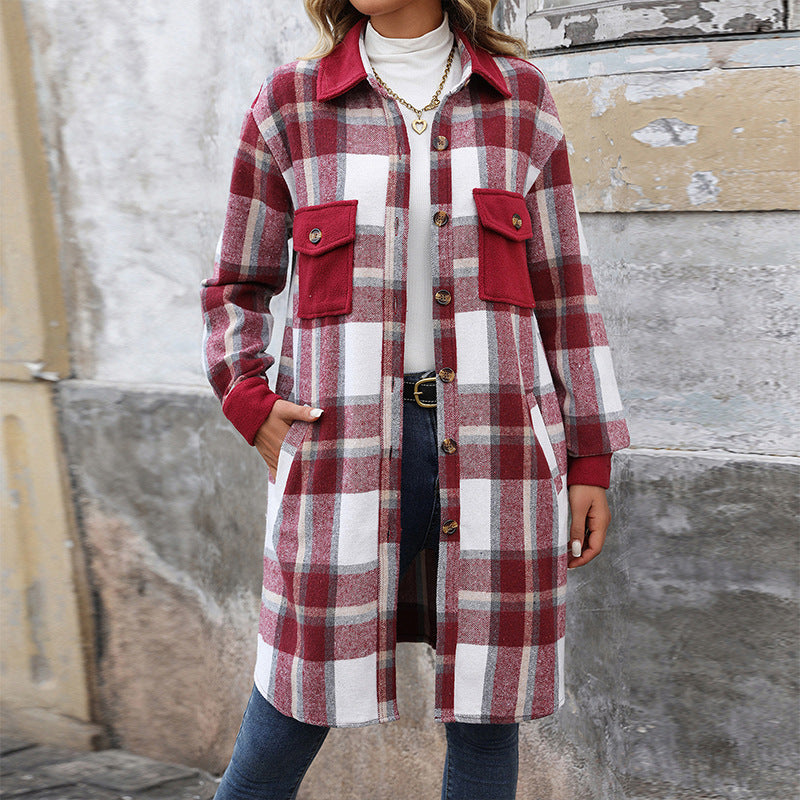 Nuevo Abrigo Largo de Cuadros Cepillado con Bolsillos Chaqueta de Invierno de Moda Ropa de Abrigo para Mujer