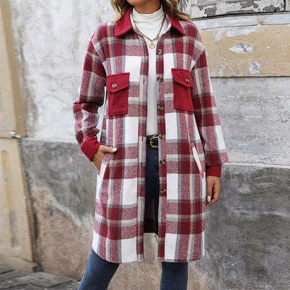 Nuevo Abrigo Largo de Cuadros Cepillado con Bolsillos Chaqueta de Invierno de Moda Ropa de Abrigo para Mujer