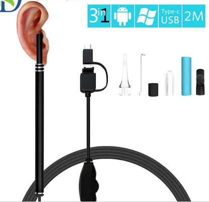Endoscope de nettoyage d'oreille 3 en 1 USB, Android et Type-C HD, cuillère d'oreille visuelle, cure-oreille multifonctionnel avec mini caméra, outil de nettoyage pour la santé de l'oreille