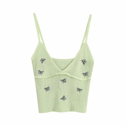 Women Fashion Butterfly Embroidery Cropped Knitted Blouses Vintage