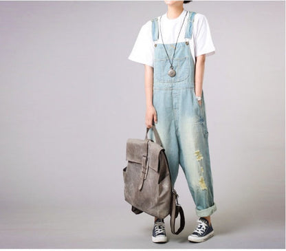 large size worn light color strap jeans women casual loose thin denim wide leg pants tide