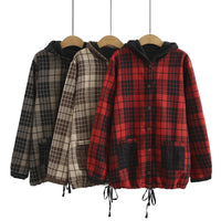 H5 plus size women's autumn and winter new fat sister mm plus velvet plaid double yarn hooded lining