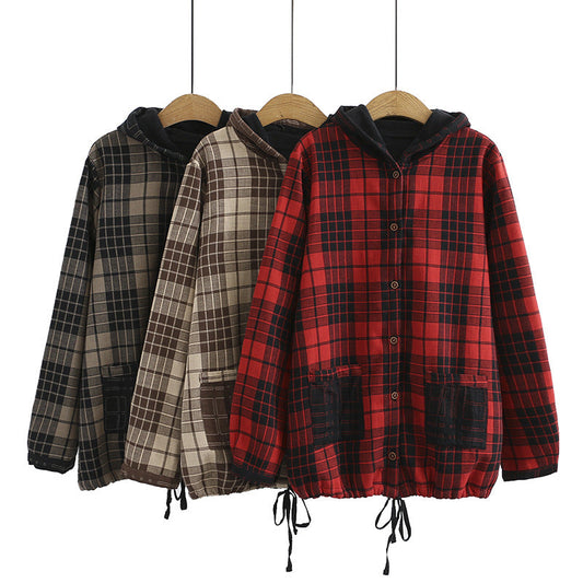 H5 nuevo abrigo de lana a cuadros con capucha y doble forro de otoño e invierno para mujeres de talla grande