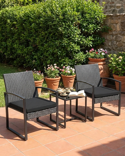 Ensemble de mobilier de jardin 3 pièces – Chaises en osier + table de bar avec coussins