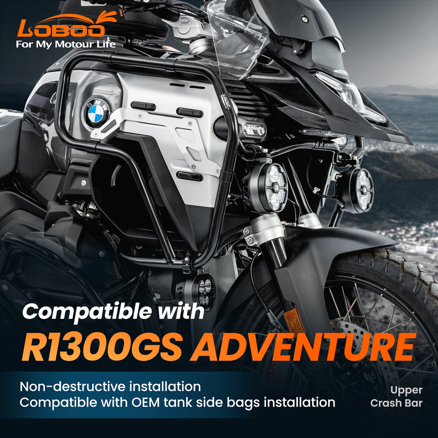 LOBOO Upper Crash Bar for BMW R1300GS Adventure (2024-on) – 304 Stainless Steel, Multi-Point Support, Silver / Black Finish