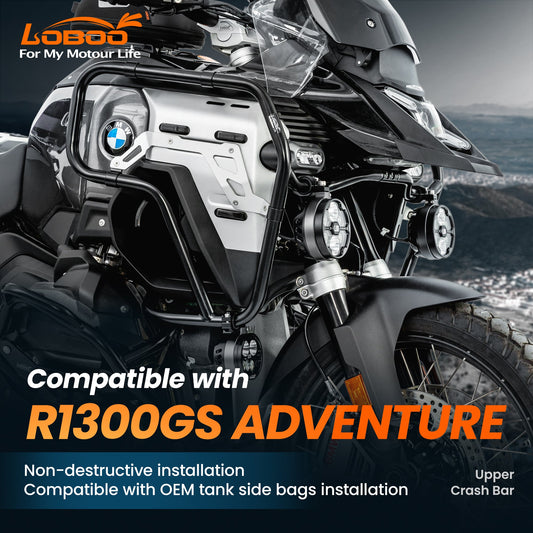 LOBOO Upper Crash Bar for BMW R1300GS Adventure (2024-on) – 304 Stainless Steel, Multi-Point Support, Silver / Black Finish