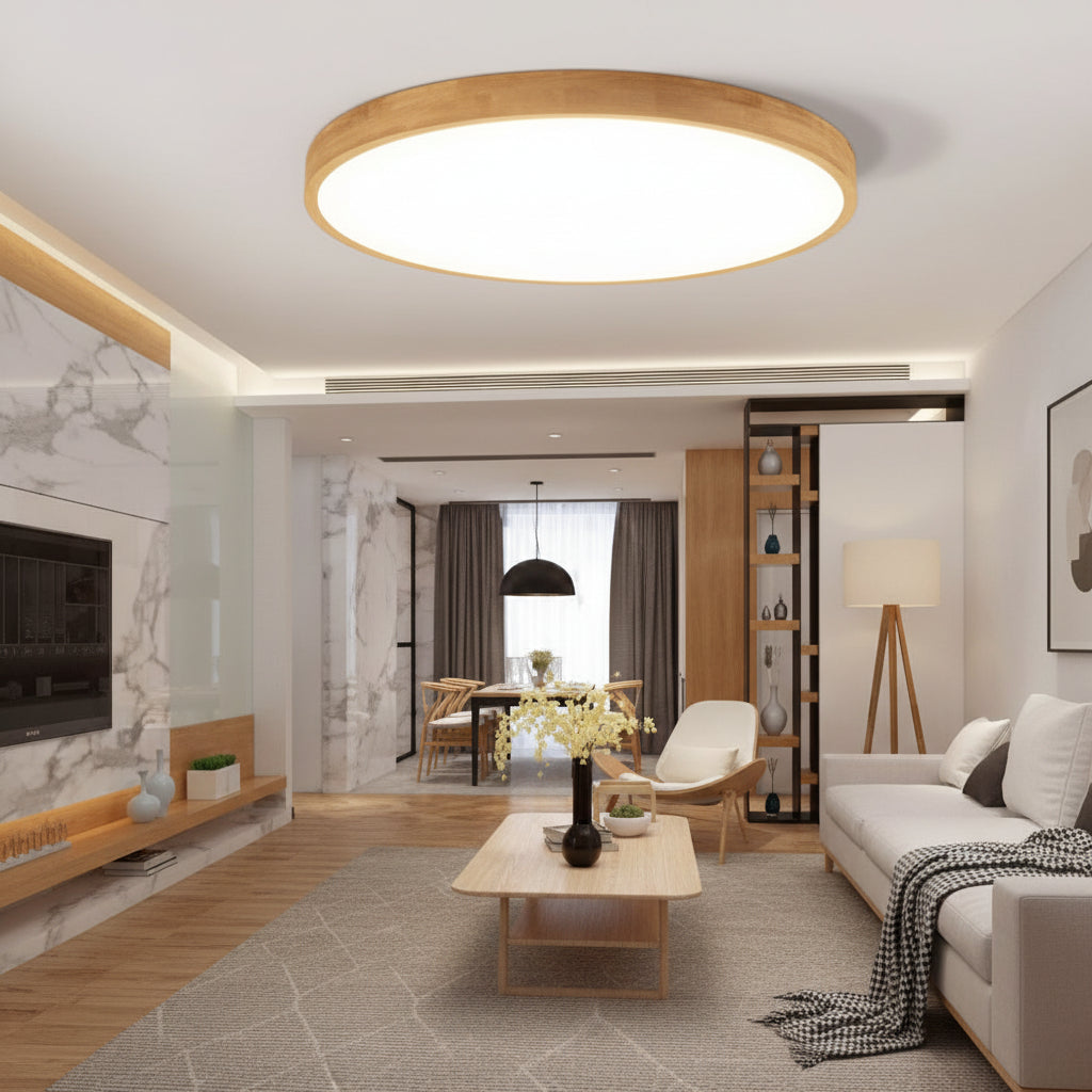 Nordic Solid Wood Round Ultra Thin LED Flush Mount Ceiling Light 18W