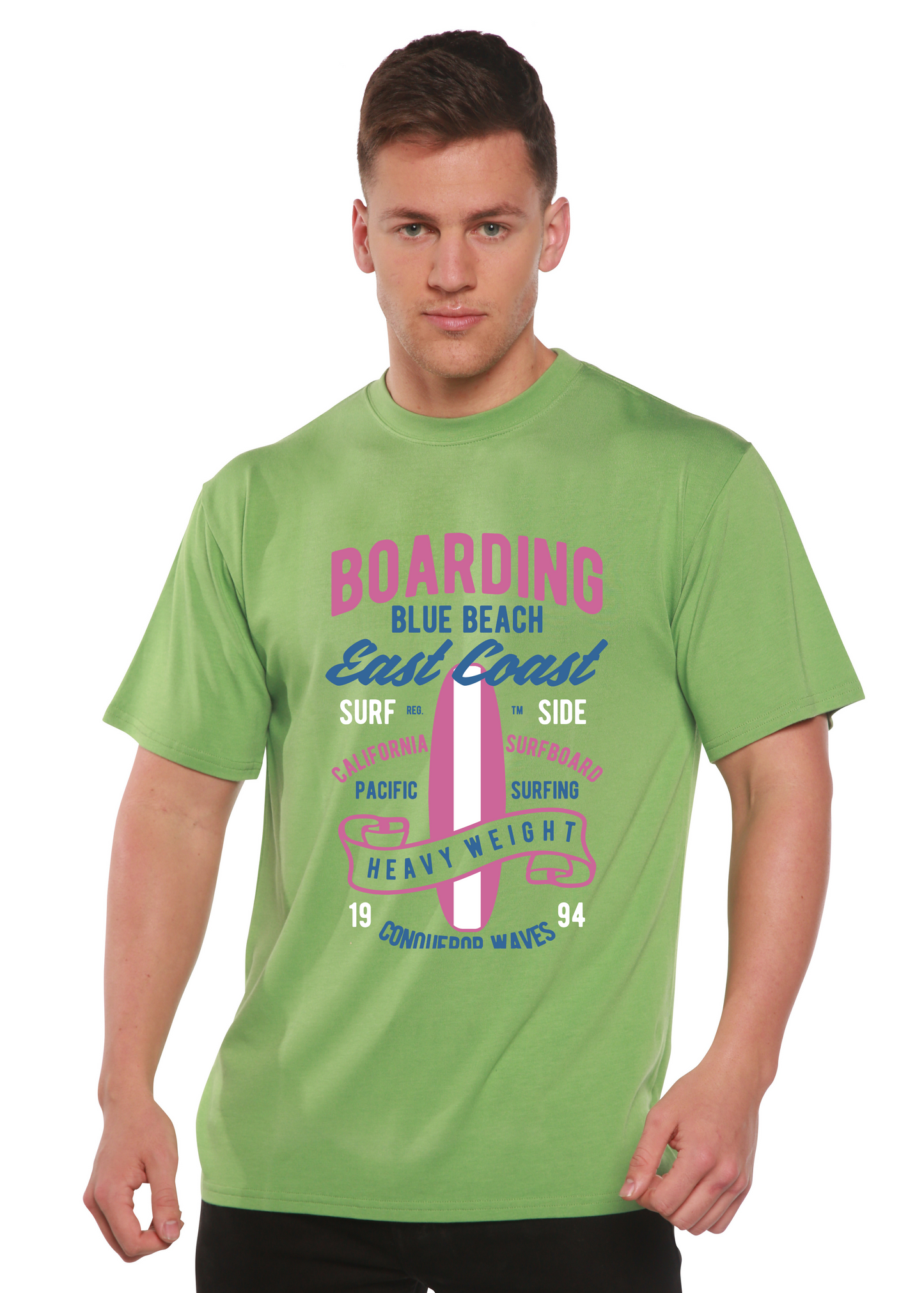 T-shirt graphique à manches courtes en viscose de bambou/coton bio pour homme Boarding Blue Beach