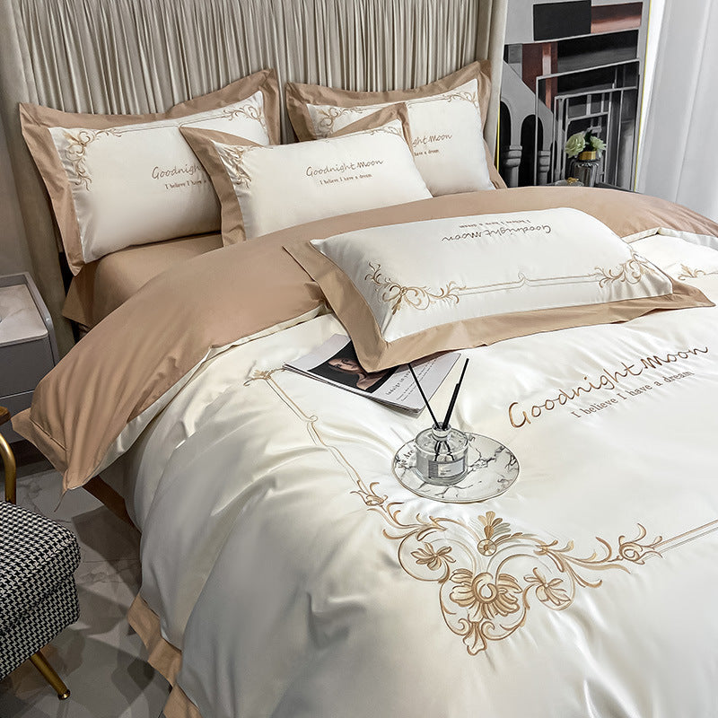 Juego de ropa de cama de cuatro piezas de algodón puro y seda lavada bordada