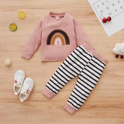 Ensemble Fille Sportif Pull à Manches Longues sans Capuche en Coton Arc-en-ciel et Pantalon
