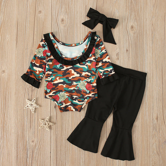 Girls Camouflage Long Sleeve Romper Black Flared Trousers Headband Set