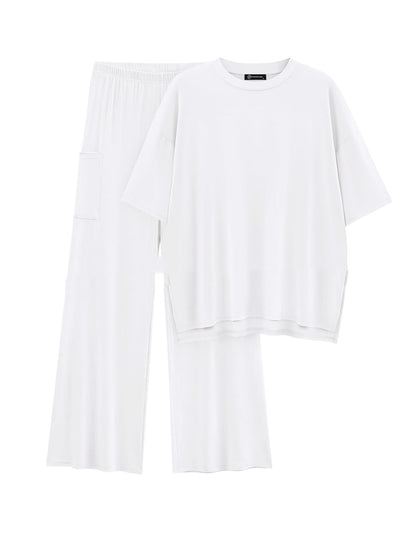 Casual Short Sleeve Pullover Top Wide Leg Pants Casual Suit