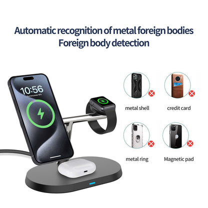 3-in-1 Magnetic Wireless Charger Stand for iPhone, Apple Watch & AirPods – 15W Fast Charging