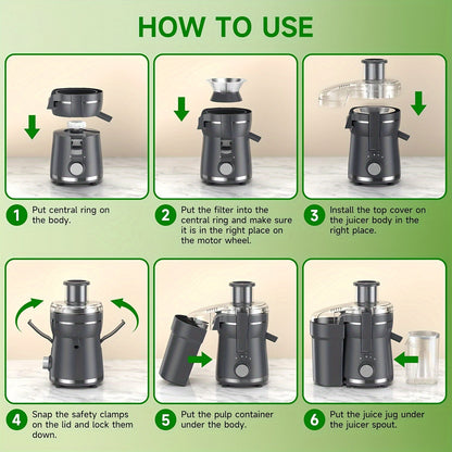Extracteur de jus 500W pour fruits et légumes – Grande ouverture, acier inoxydable, nettoyage facile