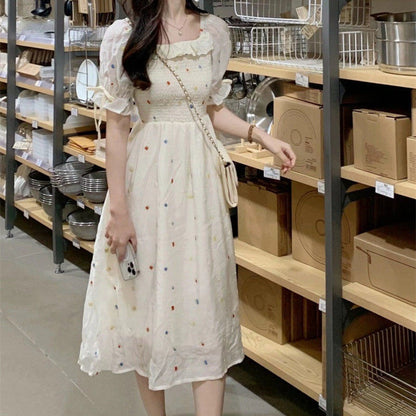 Women's Square Neck Crushed Flower Waist Dress