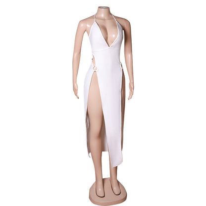 Vestido de Noche Blanco con Espalda en V Profunda para Mujer de Verano