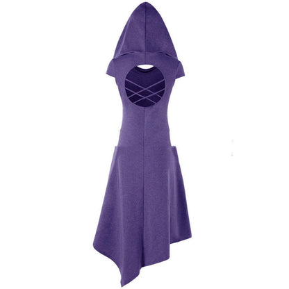Robe Midi Asymétrique à Capuche, Découpée au Dos et Sous les Jambes