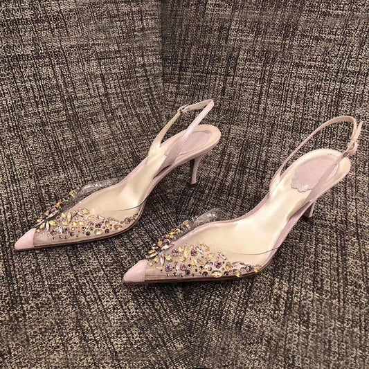 Transparent Rhinestone Pointed Toe Buckle Back Strap Sandals