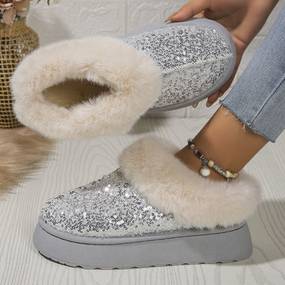 Zapatos de felpa con lentejuelas y suela gruesa a la moda, zapatillas cálidas informales de invierno para interior y exterior, zapatos de jardín para mujer