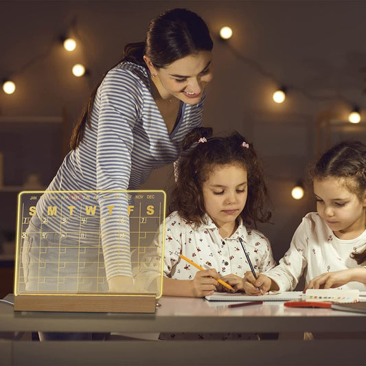 Pizarra Acrílica de Borrado en Seco con Luz LED, Calendario de Escritorio Transparente con Soporte Blanco