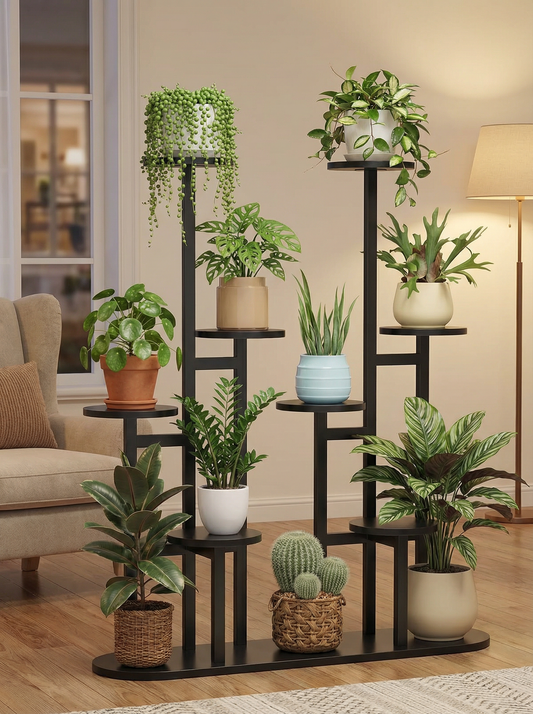 Estante para plantas de metal y madera de 8 niveles, estante para flores de varios niveles para interior y exterior, soporte alto esquinero para macetas
