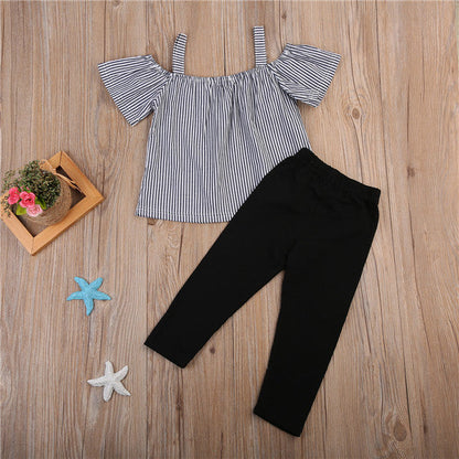 Ensemble haut et pantalon Shelby d'été, T-shirt rayé à manches courtes, débardeur et pantalon deux pièces pour enfant