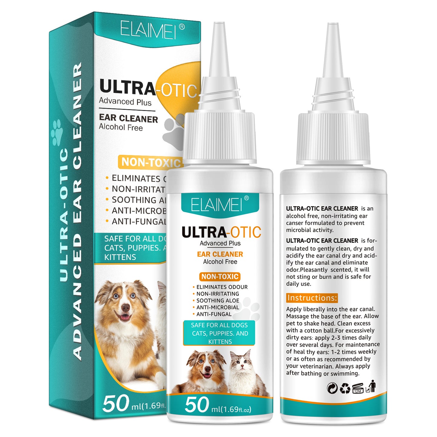Nettoyant auriculaire pour animaux de compagnie – Solution de nettoyage douce pour chiens et chats | Élimine le cérumen, les acariens et prévient les infections
