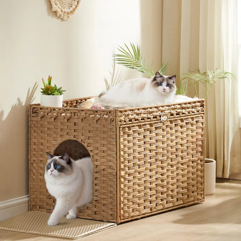 Handwoven Rattan Cat Litter Box Cabinet — Boho Woven Furniture with Washable Tray