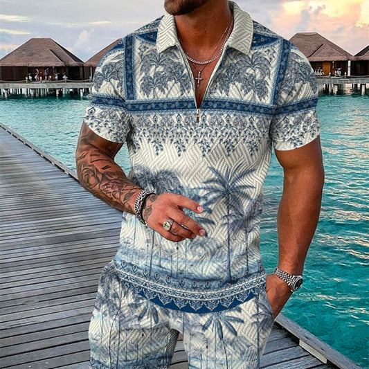 Conjunto de camisa de manga corta con cremallera y solapa, con estampado geométrico 3D, para hombre, estilo veraniego