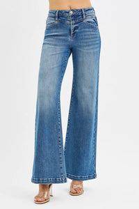 RISEN High Rise Wide Leg Jenas with Front Yoke and Heart Back Pocket
