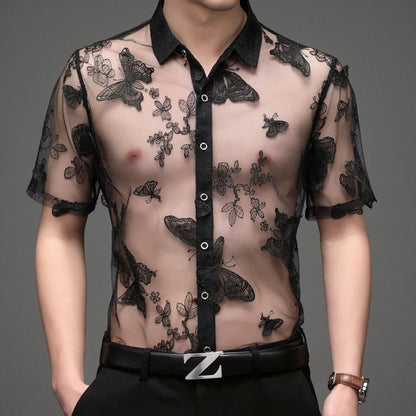 Short Sleeve Hollow Men's Shirt Flocking Embroidered Shirt