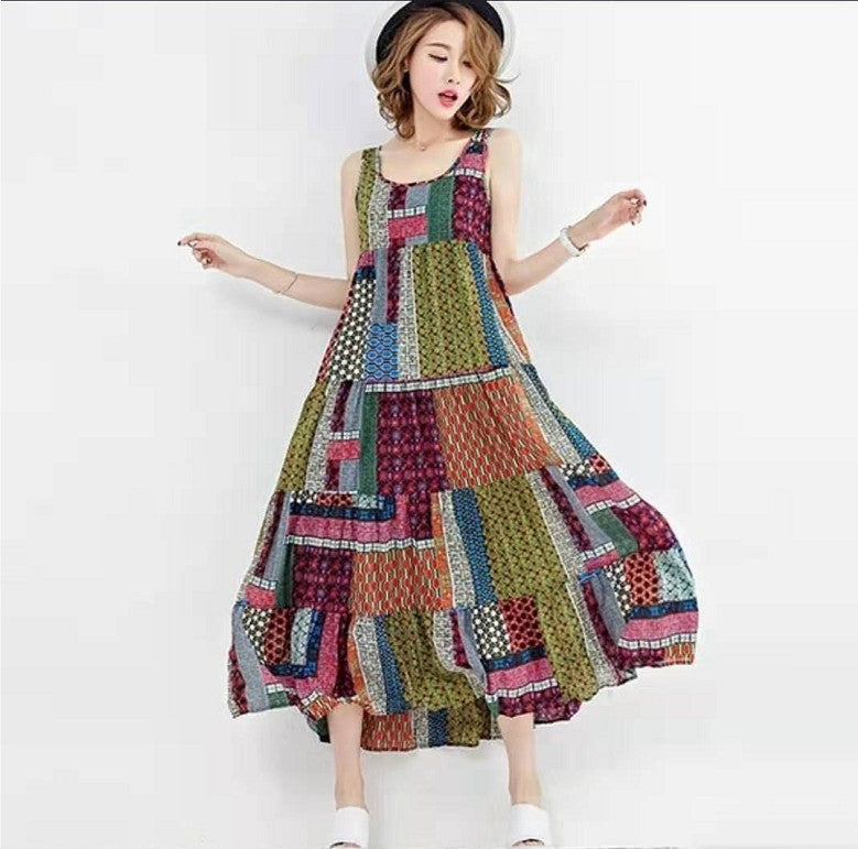 National style printed sleeveless plus size midi skirt
