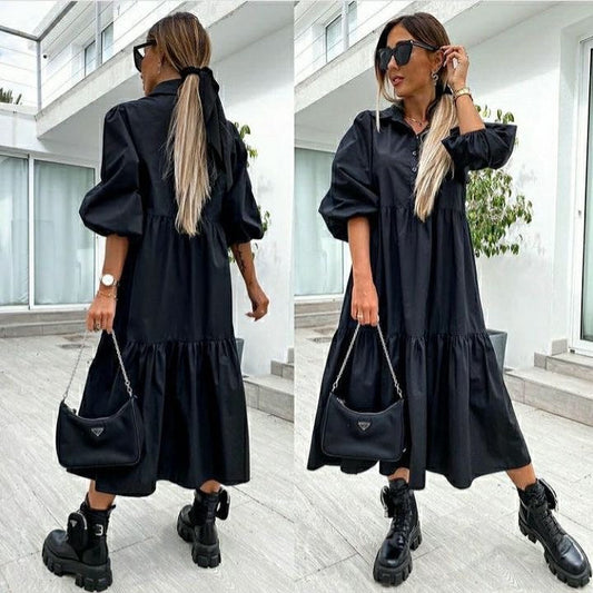 Camisa con solapa, vestido holgado de talla grande con vuelo