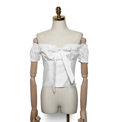 Women's Bowknot Collar Off-Shoulder Short Sleeve Shirt – Flirty & Chic