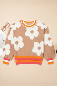 Flower Colorblock Contrast Stripe Baggy Sweater