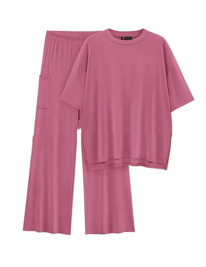 Casual Short Sleeve Pullover Top Wide Leg Pants Casual Suit