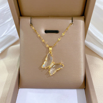 European And American Ins Crystal Zircon Butterfly Pendant Necklace