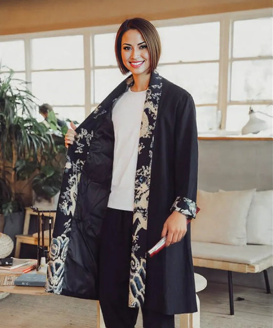 Manteau unisexe bleu foncé décontracté en lin imprimé avec coutures, coupe-vent grande taille