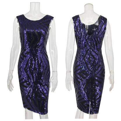 Round Neck Back V-neck Women's Sequin Dress