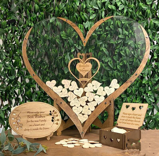 Planche de signature de mariage créative en bois en forme de cœur