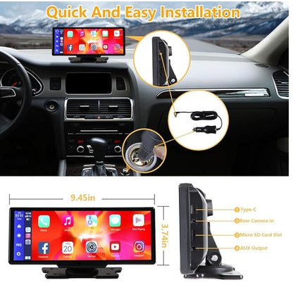 Carplay sans fil portable avec caméra 2,5K, caméra arrière 1080P, écran tactile ultra HD Android Auto 9,3 pouces pour enregistrement en boucle de DVR de voiture, navigation GPS Bluetooth avec système radio FM
